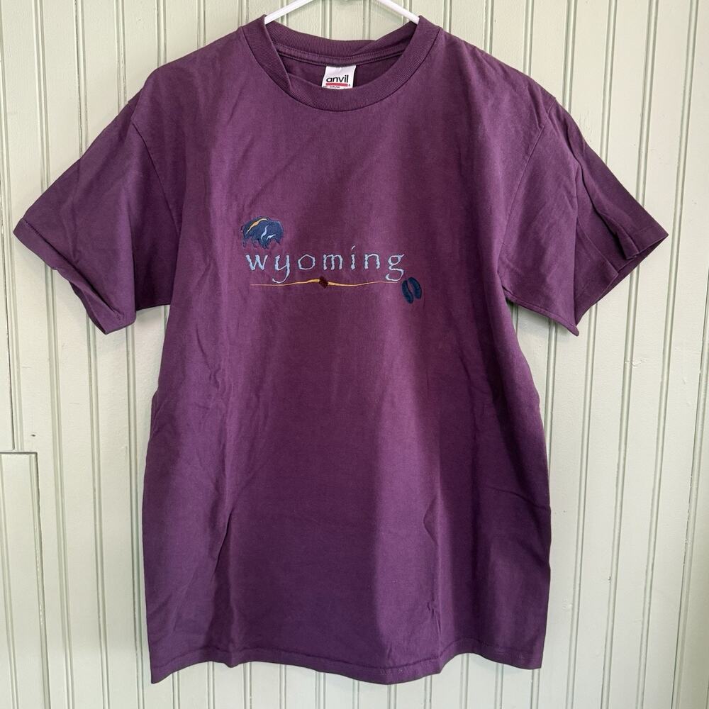 Vtg 90s Maroon Embroidered T Shirt Wyoming Travel Tee Wilderness Anvil Large